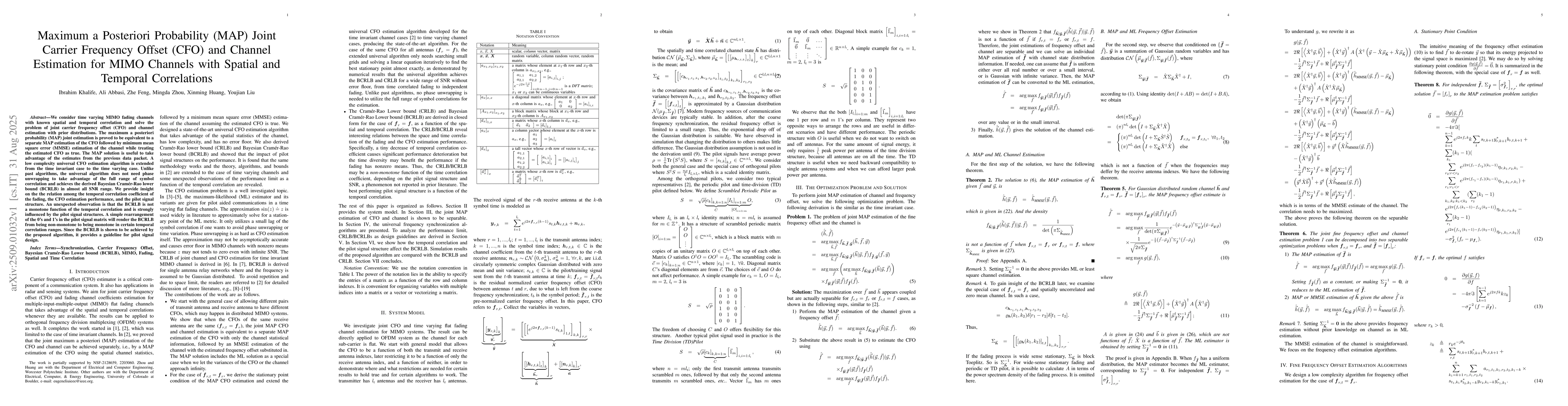 Thumbnail for Maximum a Posteriori Probability (MAP) Joint Carrier Frequency Offset
  (CFO) and Channel Estimation for MIMO Channels with Spatial and Temporal
  Correlations