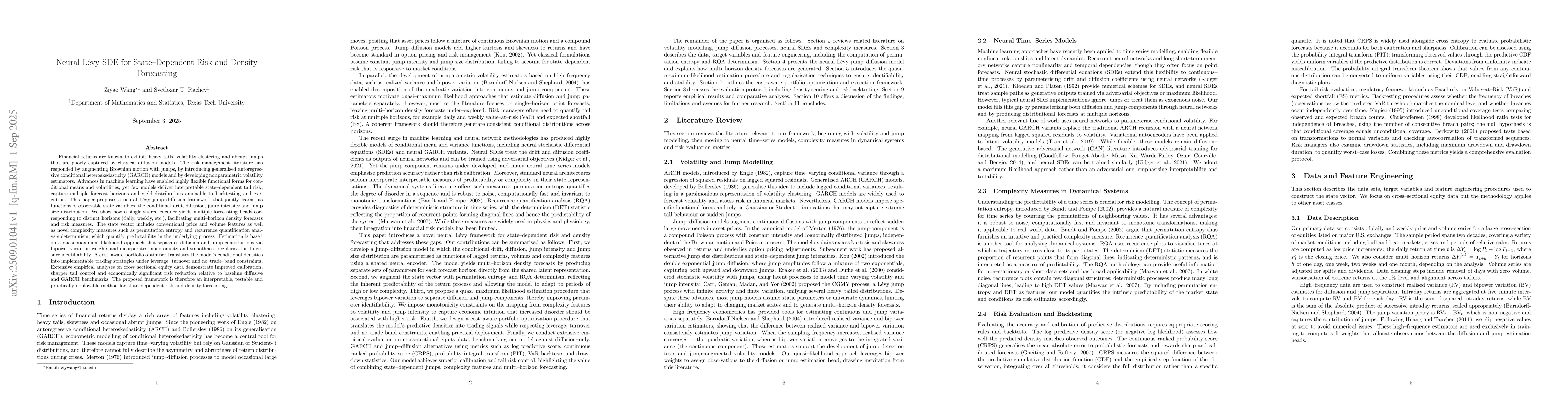 Thumbnail for Neural Lévy SDE for State--Dependent Risk and Density Forecasting