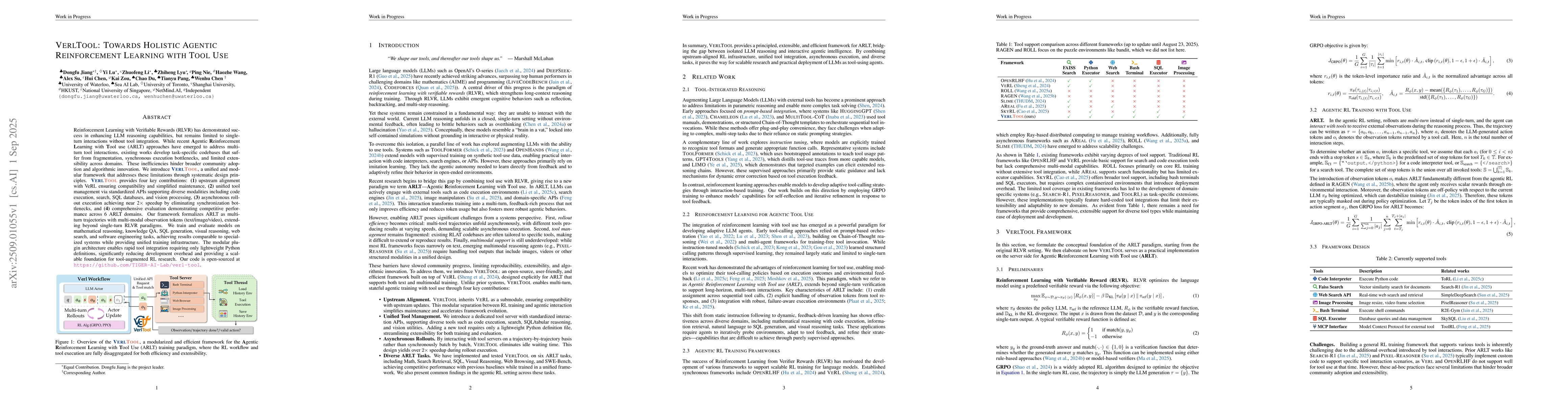 Thumbnail for VerlTool: Towards Holistic Agentic Reinforcement Learning with Tool Use