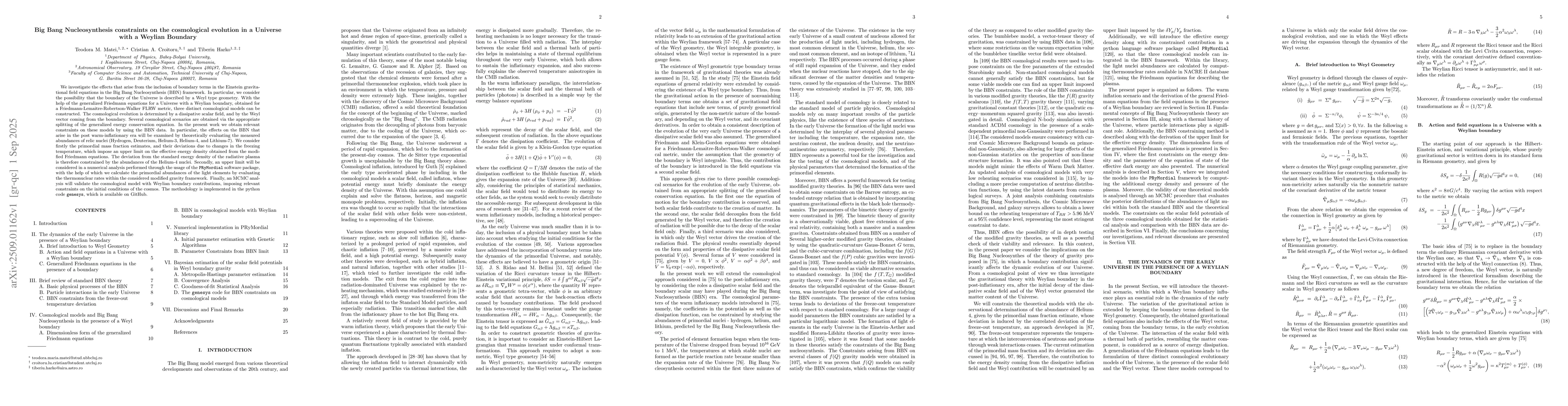 Thumbnail for Big Bang Nucleosynthesis constraints on the cosmological evolution in a
  Universe with a Weylian Boundary