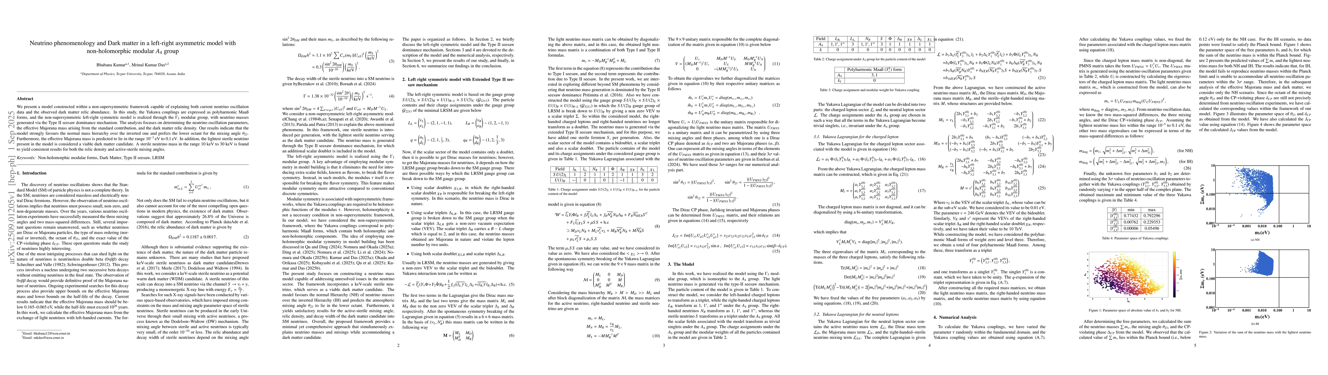 Thumbnail for Neutrino phenomenology and Dark matter in a left-right asymmetric model
  with non-holomorphic modular $A_{4}$ group