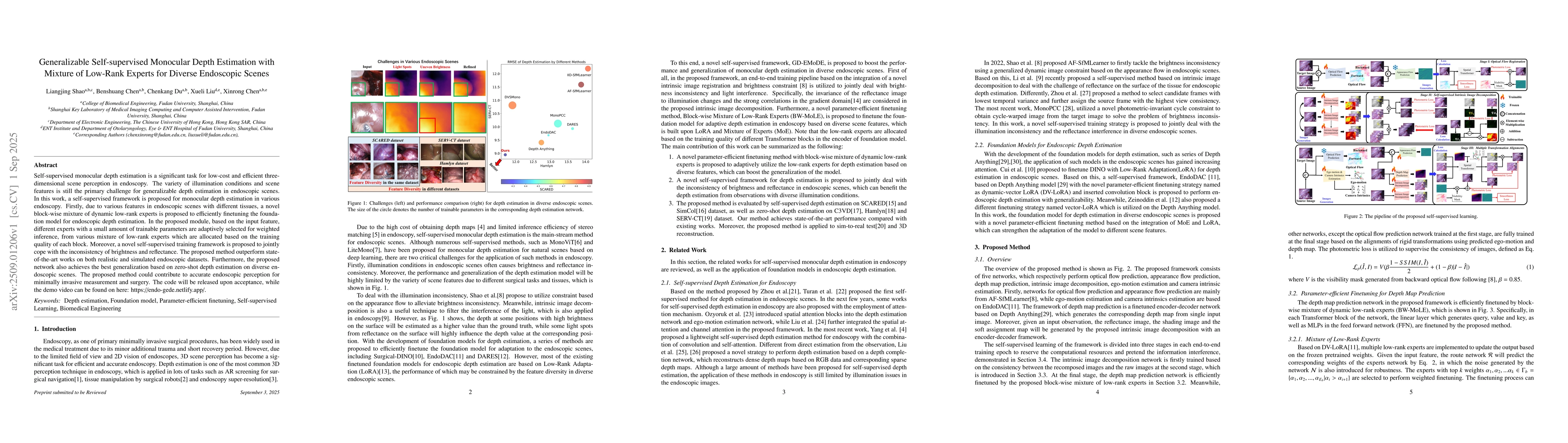 Thumbnail for Generalizable Self-supervised Monocular Depth Estimation with Mixture of
  Low-Rank Experts for Diverse Endoscopic Scenes