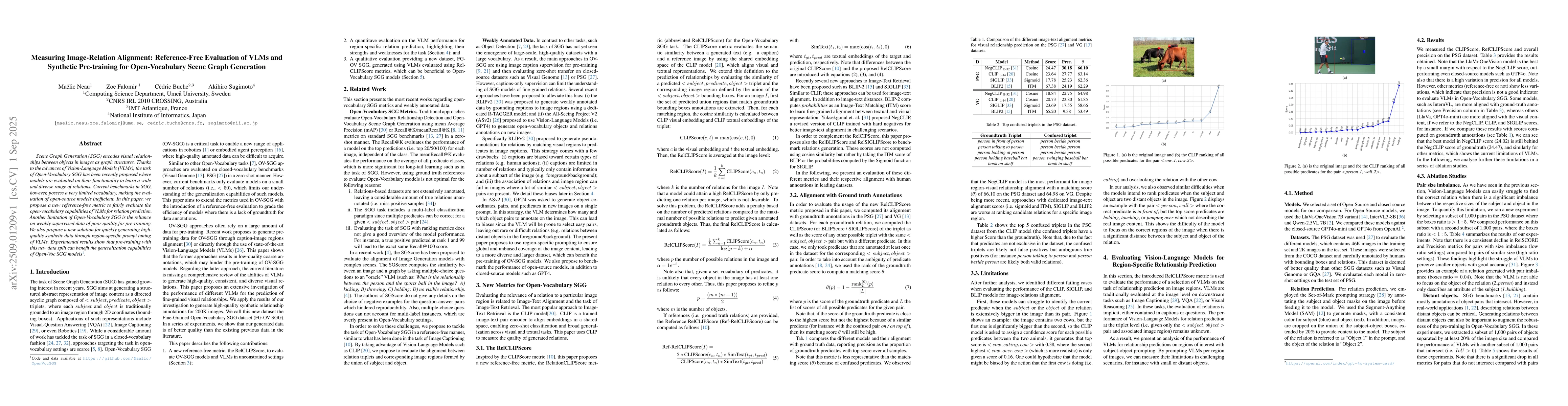 Thumbnail for Measuring Image-Relation Alignment: Reference-Free Evaluation of VLMs
  and Synthetic Pre-training for Open-Vocabulary Scene Graph Generation
