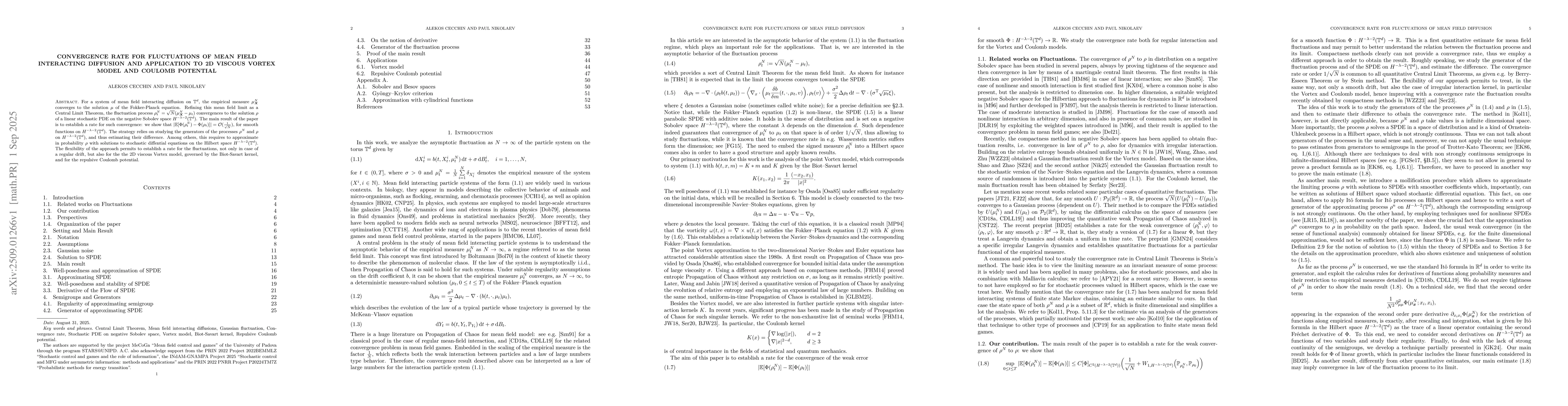 Thumbnail for Convergence rate for Fluctuations of mean field interacting diffusion
  and application to 2D viscous Vortex model and Coulomb potential