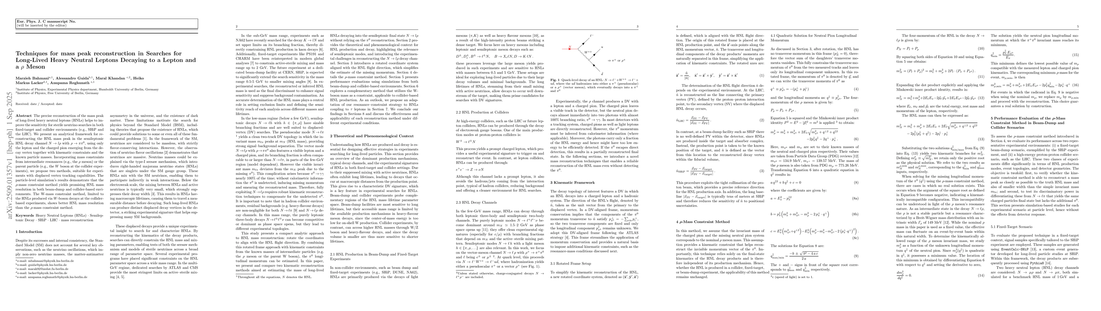 Thumbnail for Techniques for mass peak reconstruction in Searches for Long-Lived Heavy
  Neutral Leptons Decaying to a Lepton and a \(ρ\) Meson