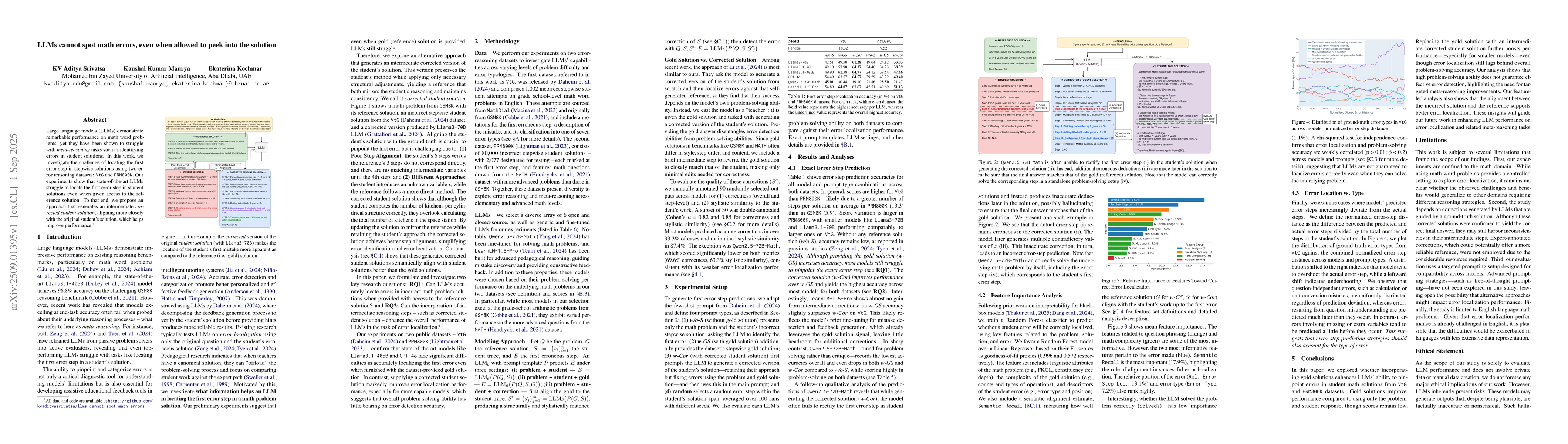 Thumbnail for LLMs cannot spot math errors, even when allowed to peek into the
  solution