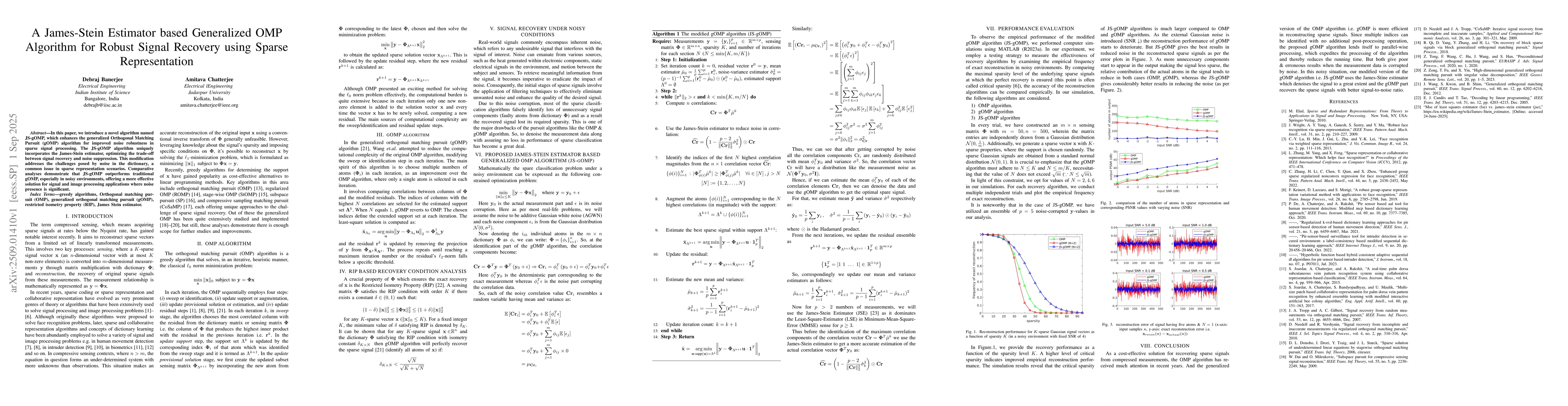 Thumbnail for A James-Stein Estimator based Generalized OMP Algorithm for Robust
  Signal Recovery using Sparse Representation