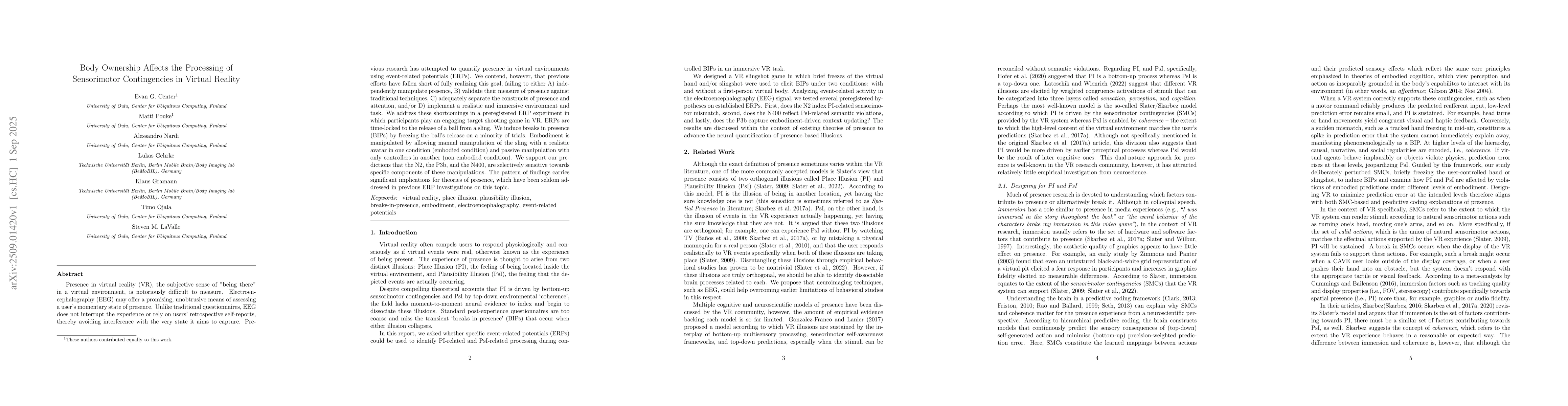 Thumbnail for Body Ownership Affects the Processing of Sensorimotor Contingencies in
  Virtual Reality