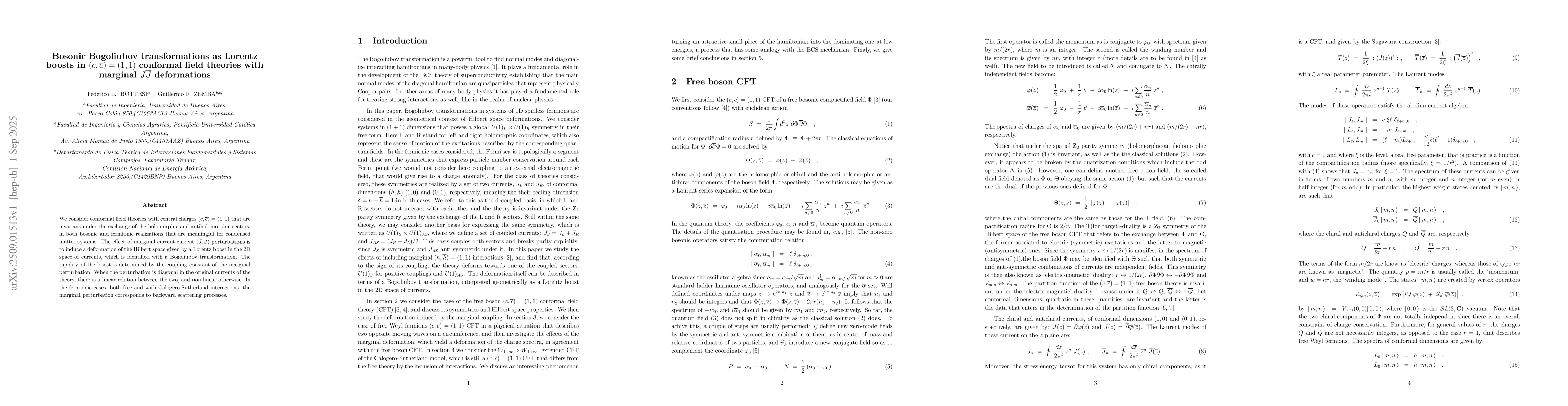 Thumbnail for Bosonic Bogoliubov transformations as Lorentz boosts in $(c,{\overline
  c})=(1,1)$ conformal field theories with marginal $J{\overline J }$
  deformations