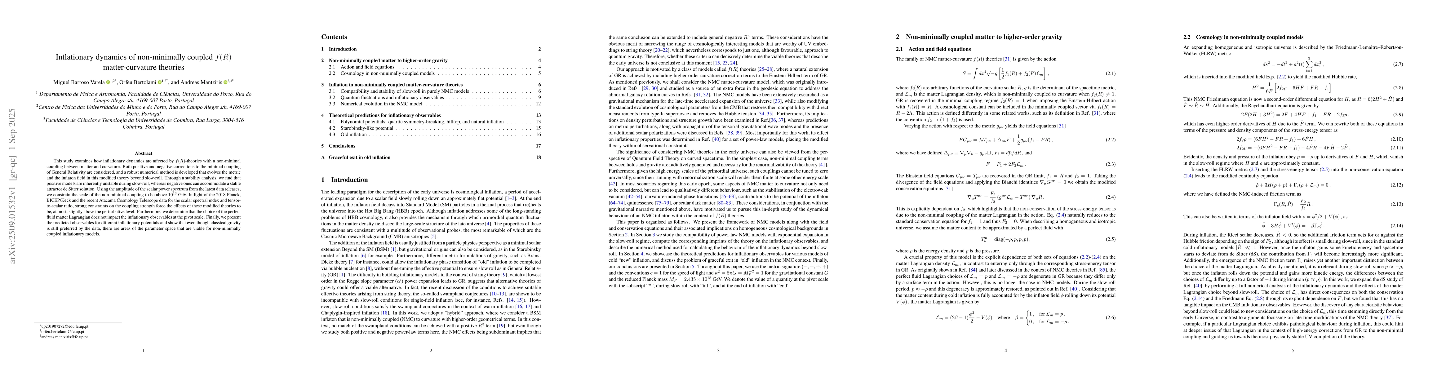 Thumbnail for Inflationary dynamics of non-minimally coupled $f(R)$ matter-curvature
  theories