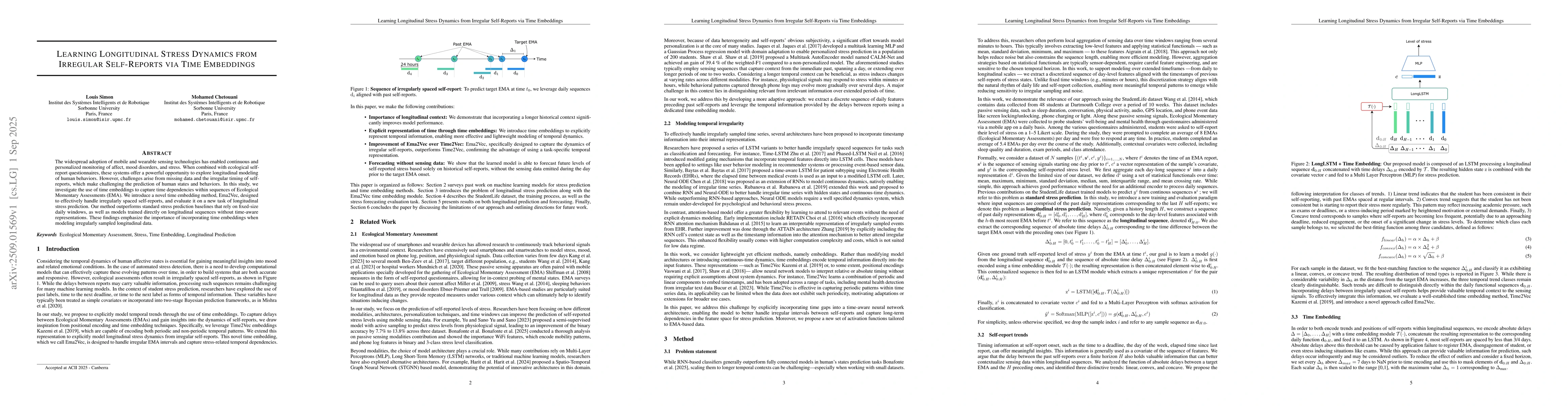 Thumbnail for Learning Longitudinal Stress Dynamics from Irregular Self-Reports via
  Time Embeddings