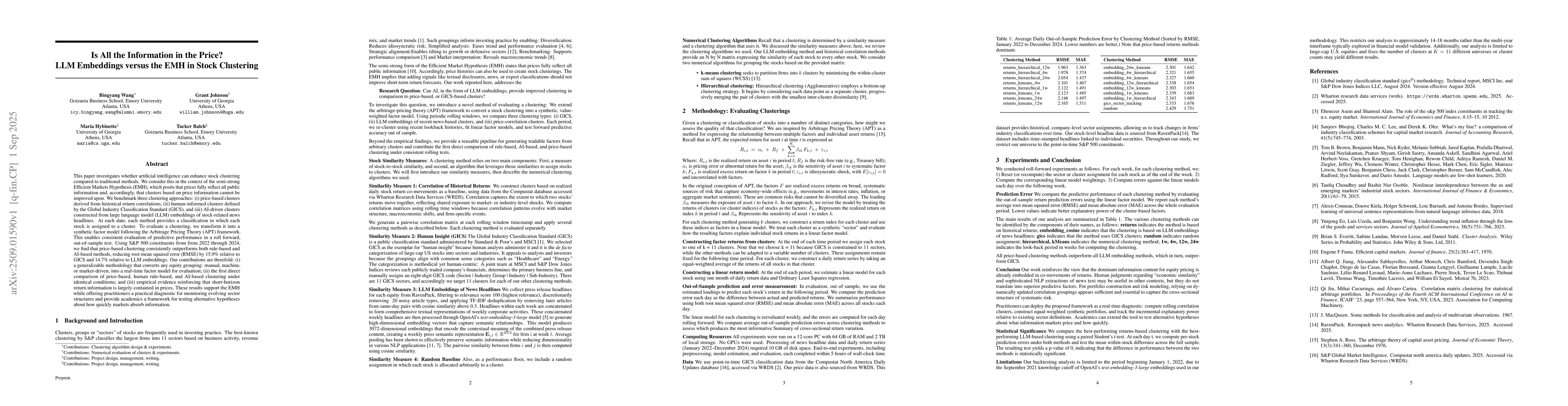 Thumbnail for Is All the Information in the Price? LLM Embeddings versus the EMH in
  Stock Clustering
