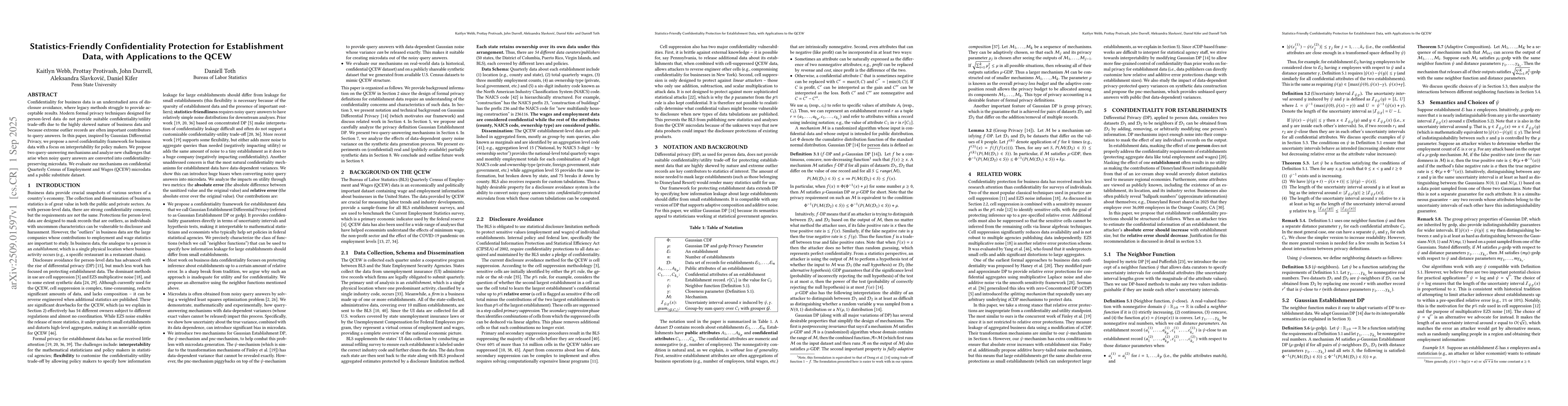 Thumbnail for Statistics-Friendly Confidentiality Protection for Establishment Data,
  with Applications to the QCEW