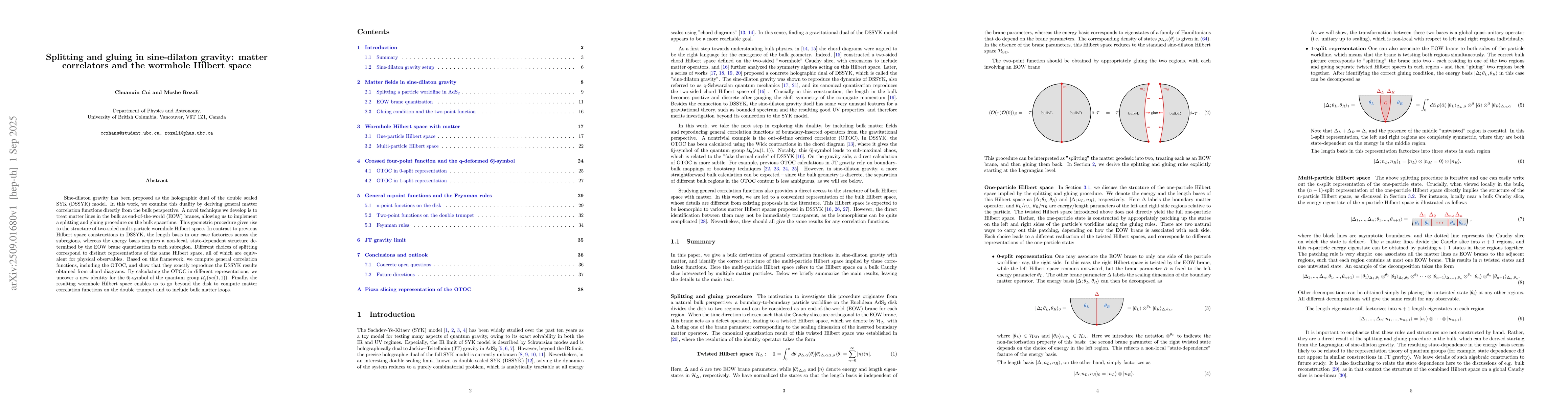 Thumbnail for Splitting and gluing in sine-dilaton gravity: matter correlators and the
  wormhole Hilbert space