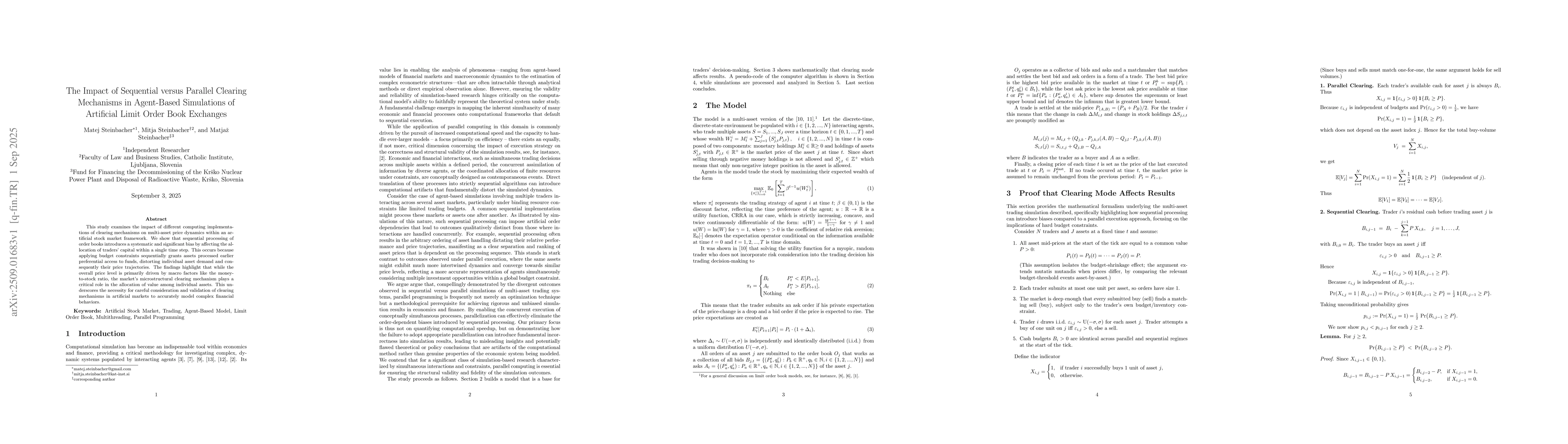 Thumbnail for The Impact of Sequential versus Parallel Clearing Mechanisms in
  Agent-Based Simulations of Artificial Limit Order Book Exchanges