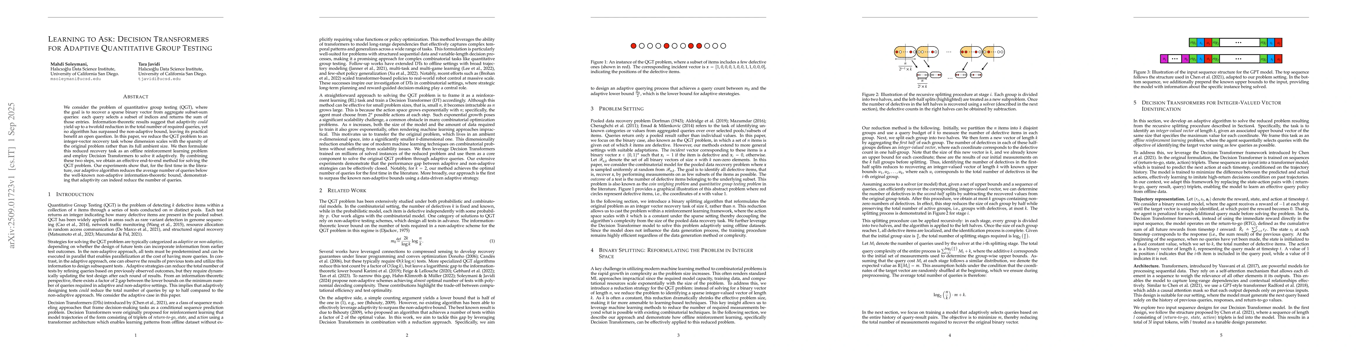 Thumbnail for Learning to Ask: Decision Transformers for Adaptive Quantitative Group
  Testing