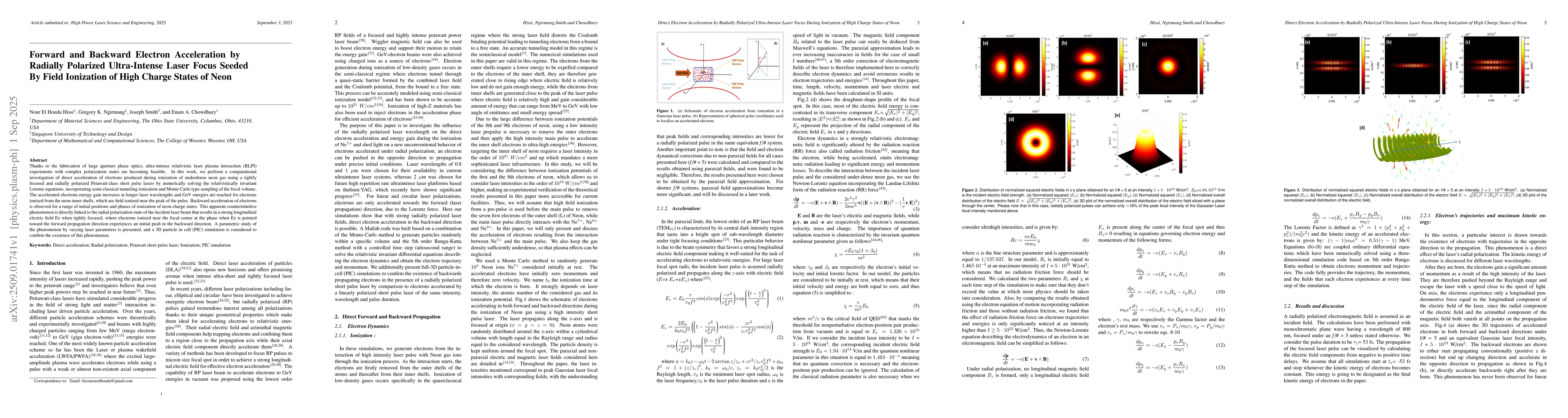 Thumbnail for Forward and Backward Electron Acceleration by Radially Polarized
  Ultra-Intense Laser Focus Seeded By Field Ionization of High Charge States of
  Neon