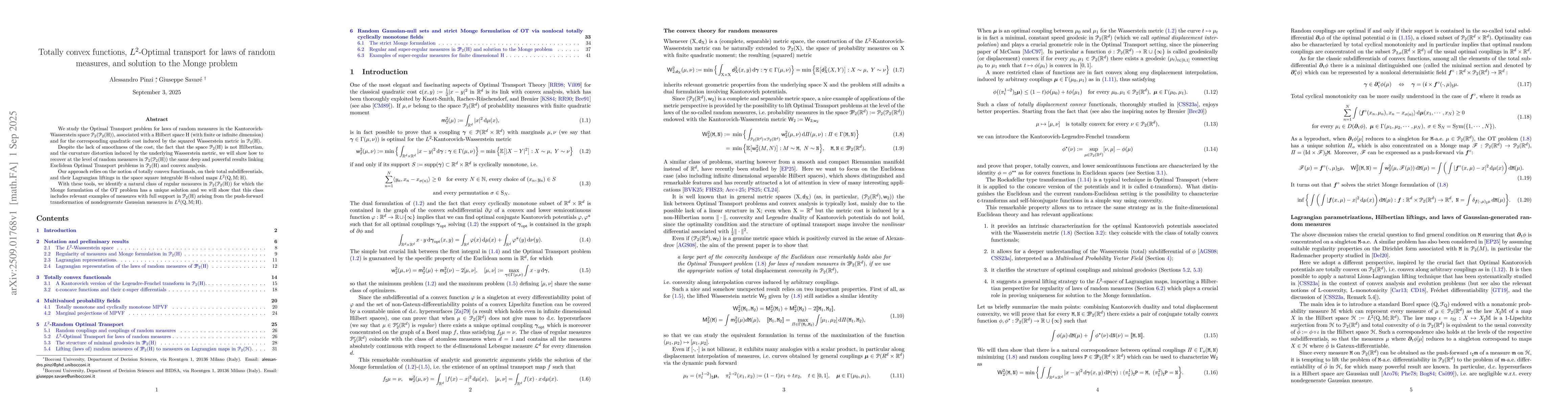 Thumbnail for Totally convex functions, $L^2$-Optimal transport for laws of random
  measures, and solution to the Monge problem