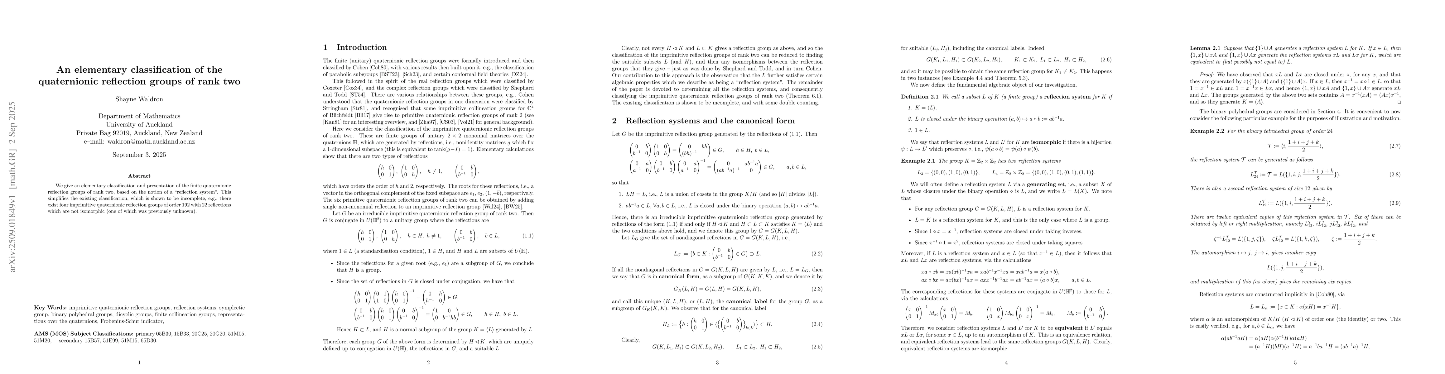 Thumbnail for An elementary classification of the quaternionic reflection groups of
  rank two
