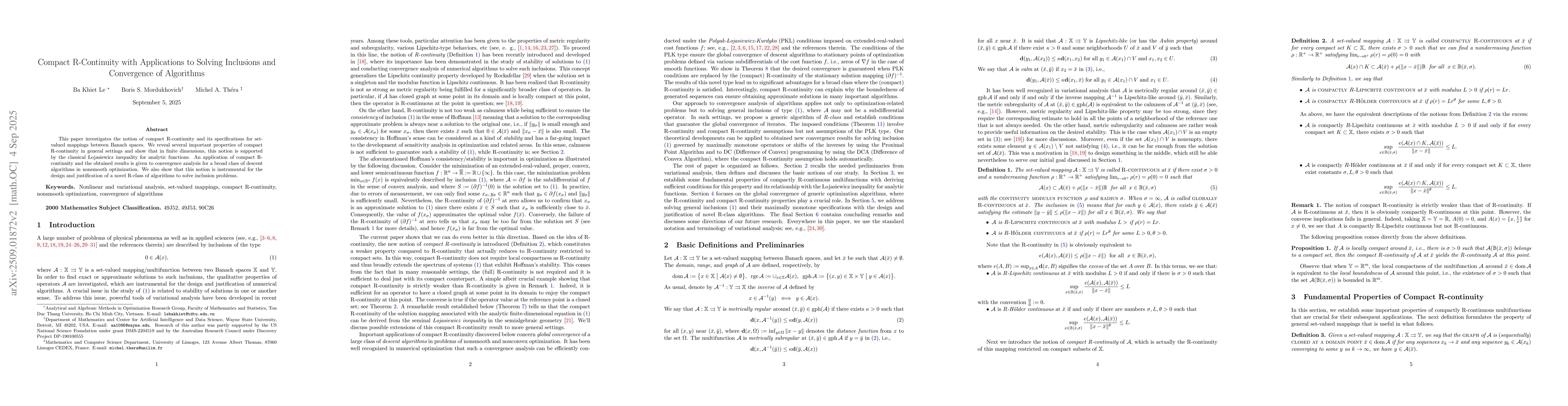 Thumbnail for Compact R-Continuity with Applications to Solving Inclusions and
  Convergence of Algorithms