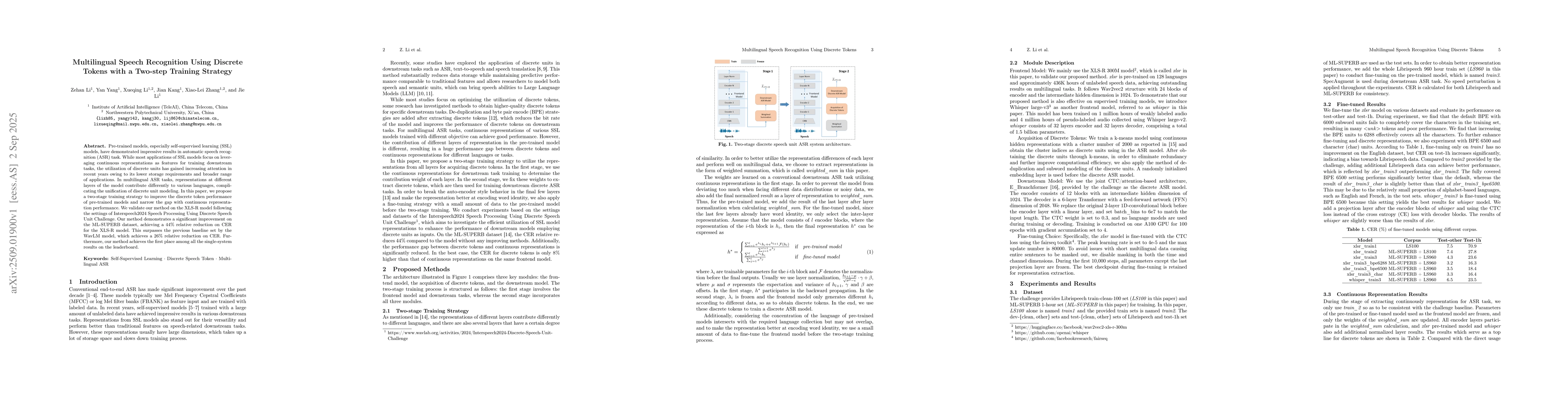 Thumbnail for Multilingual Speech Recognition Using Discrete Tokens with a Two-step
  Training Strategy
