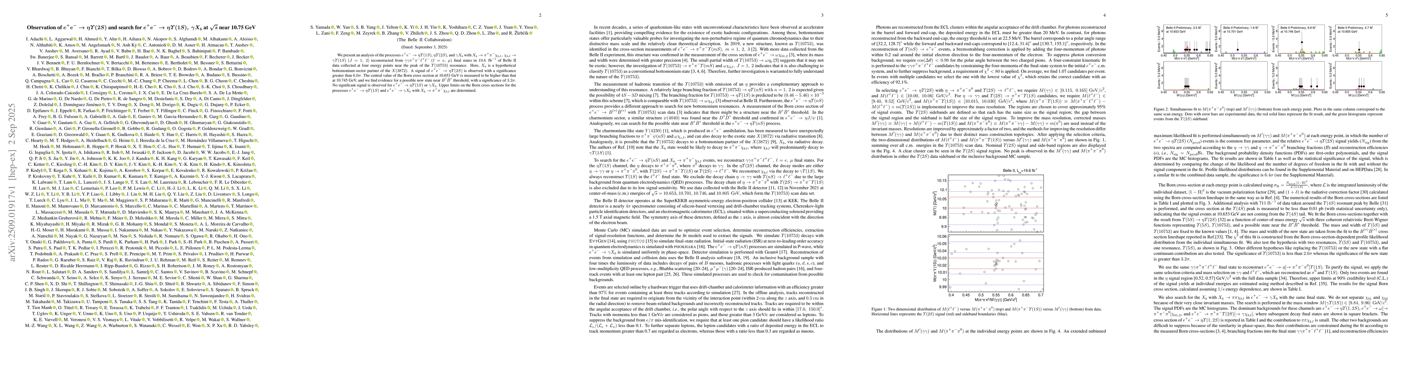 Thumbnail for Observation of $e^+e^-\toηΥ(2S)$ and search for
  $e^+e^-\toηΥ(1S),~γX_b$ at $\sqrt{s}$ near 10.75 GeV