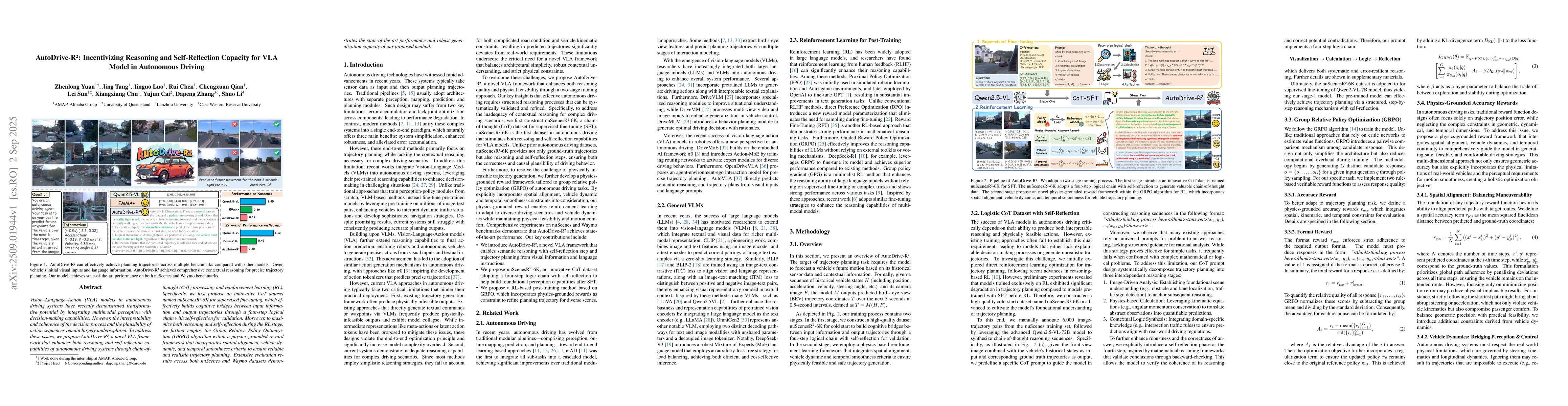 Thumbnail for AutoDrive-R$^2$: Incentivizing Reasoning and Self-Reflection Capacity
  for VLA Model in Autonomous Driving