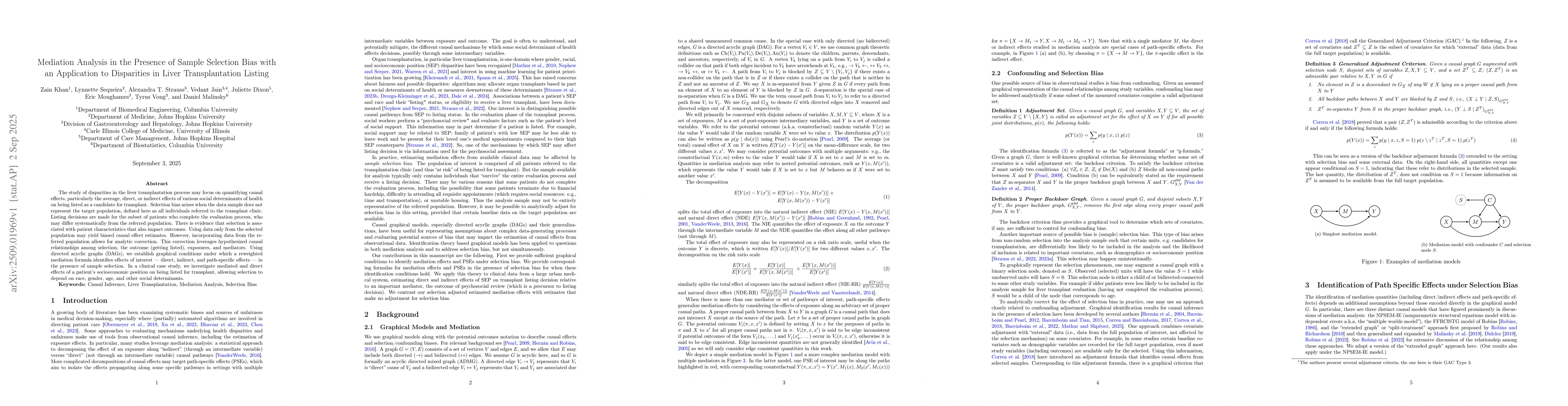 Thumbnail for Mediation Analysis in the Presence of Sample Selection Bias with an
  Application to Disparities in Liver Transplantation Listing