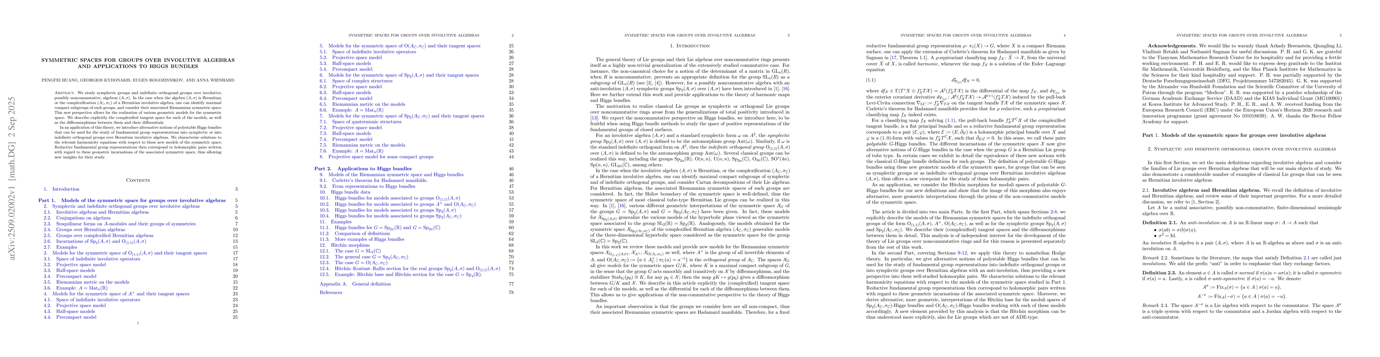 Thumbnail for Symmetric spaces for groups over involutive algebras and applications to
  Higgs bundles