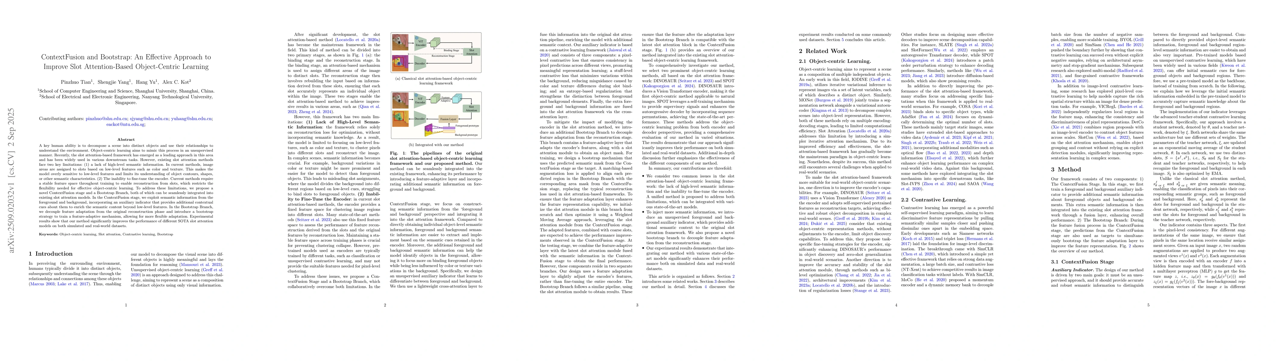 Thumbnail for ContextFusion and Bootstrap: An Effective Approach to Improve Slot
  Attention-Based Object-Centric Learning