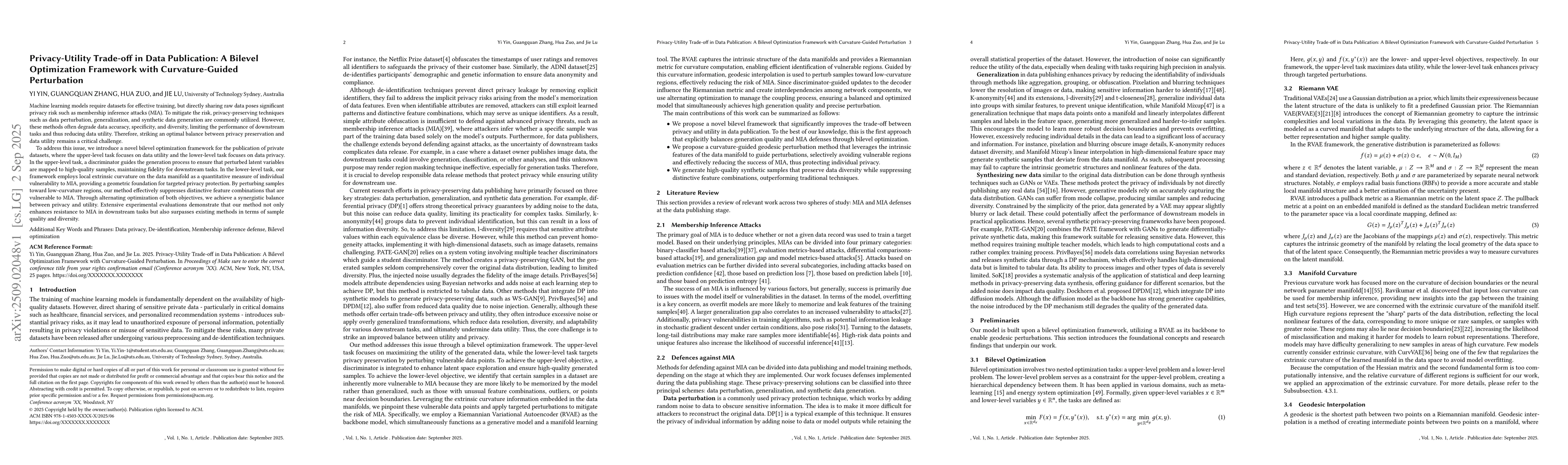 Thumbnail for Privacy-Utility Trade-off in Data Publication: A Bilevel Optimization
  Framework with Curvature-Guided Perturbation