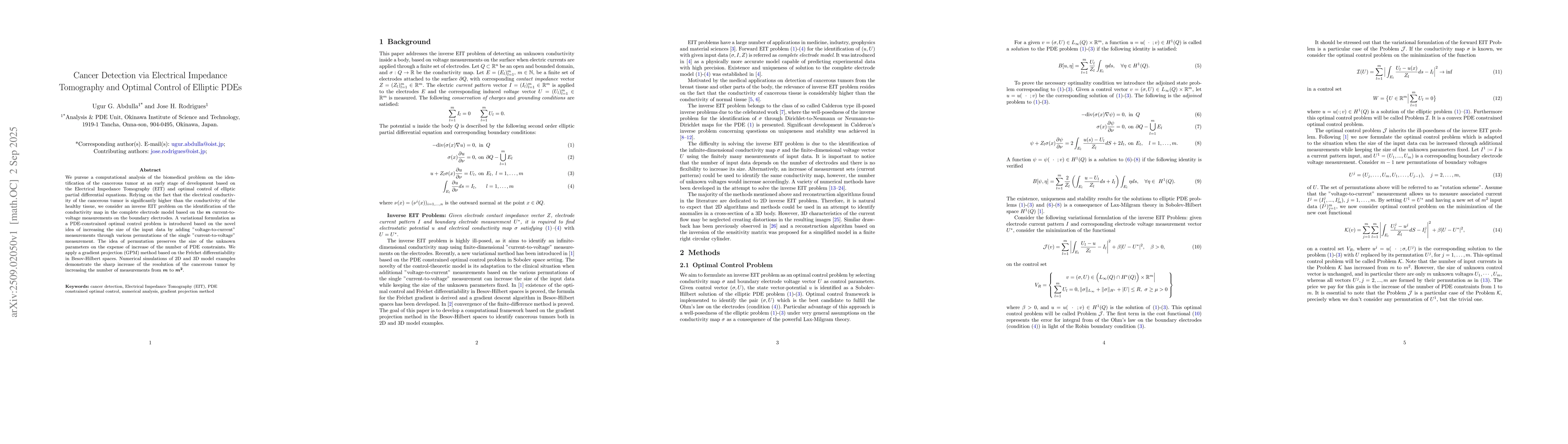 Thumbnail for Cancer Detection via Electrical Impedance Tomography and Optimal Control
  of Elliptic PDEs