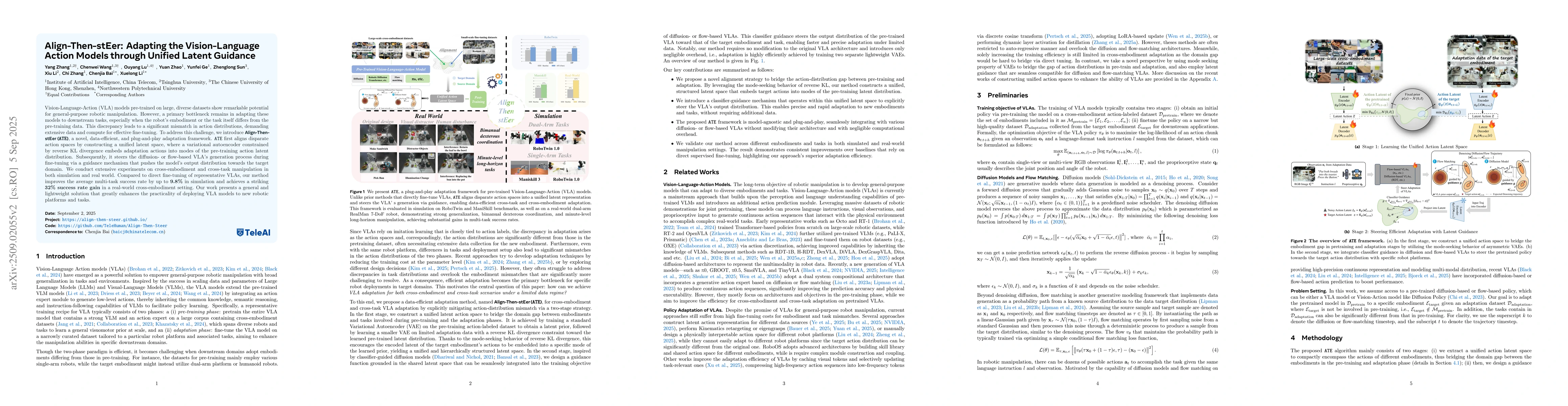 Thumbnail for Align-Then-stEer: Adapting the Vision-Language Action Models through
  Unified Latent Guidance