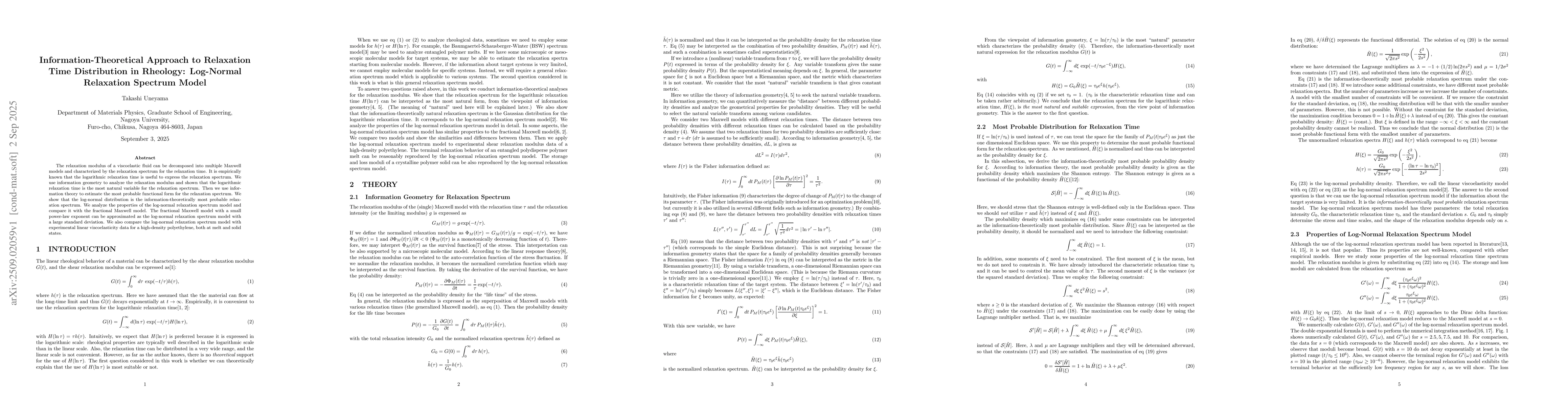 Thumbnail for Information-Theoretical Approach to Relaxation Time Distribution in
  Rheology: Log-Normal Relaxation Spectrum Model