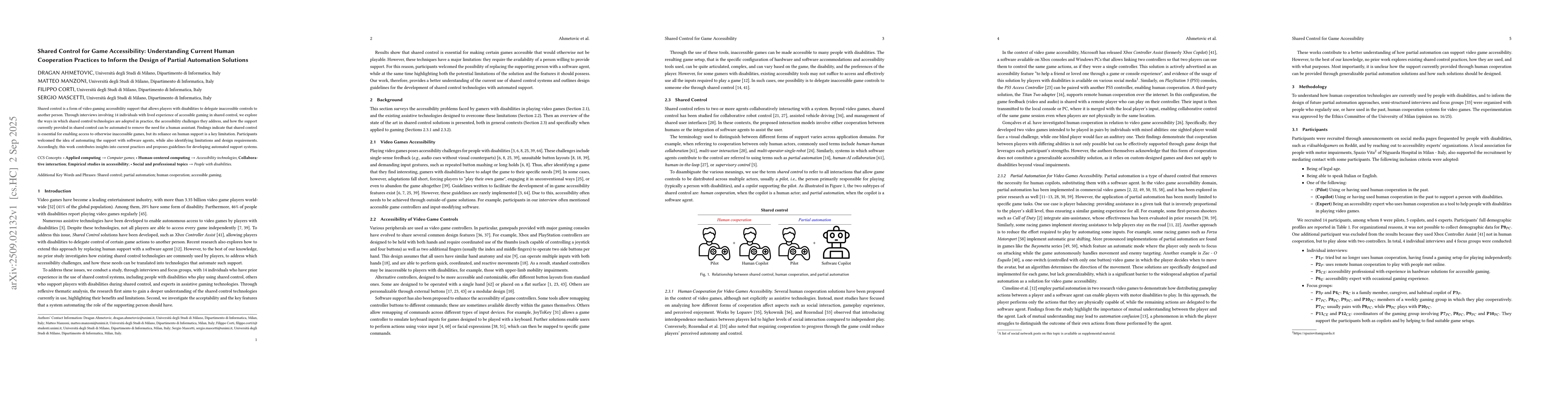 Thumbnail for Shared Control for Game Accessibility: Understanding Current Human
  Cooperation Practices to Inform the Design of Partial Automation Solutions