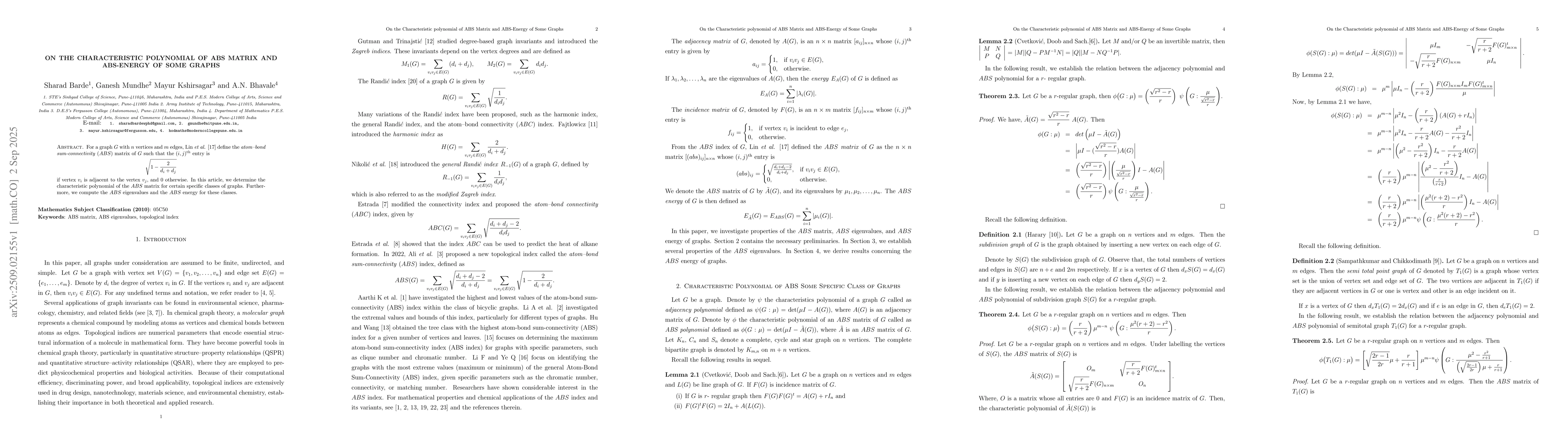 Thumbnail for On the Characteristic polynomial of ABS Matrix and ABS-Energy of Some
  Graphs