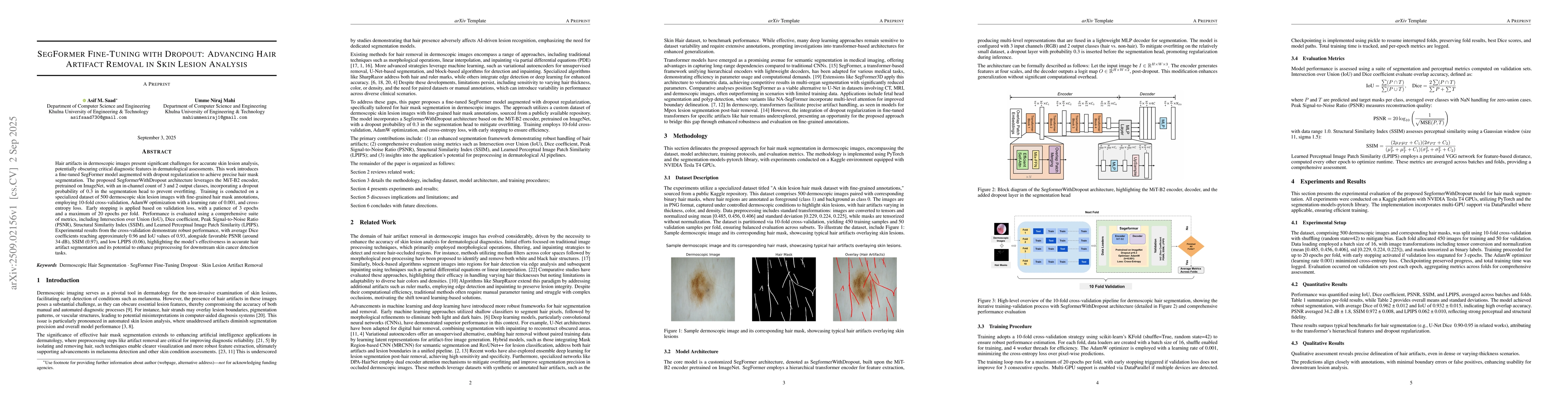 Thumbnail for SegFormer Fine-Tuning with Dropout: Advancing Hair Artifact Removal in
  Skin Lesion Analysis