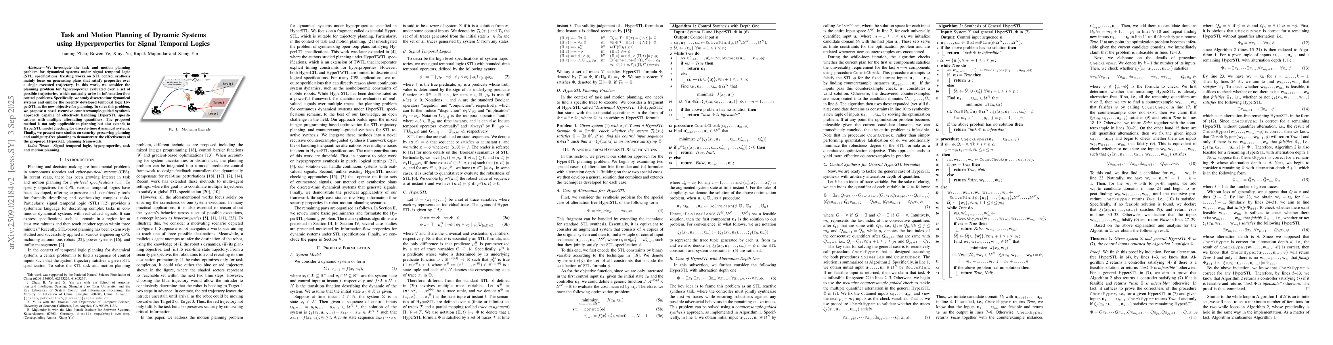 Thumbnail for Task and Motion Planning of Dynamic Systems using Hyperproperties for
  Signal Temporal Logics