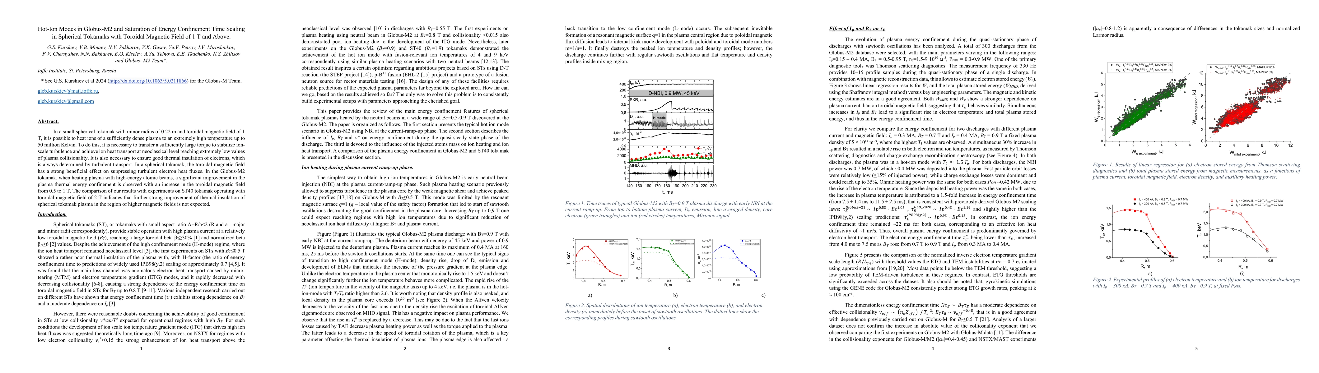 Thumbnail for Hot-Ion Modes in Globus-M2 and Saturation of Energy Confinement Time
  Scaling in Spherical Tokamaks with Toroidal Magnetic Field of 1 T and Above