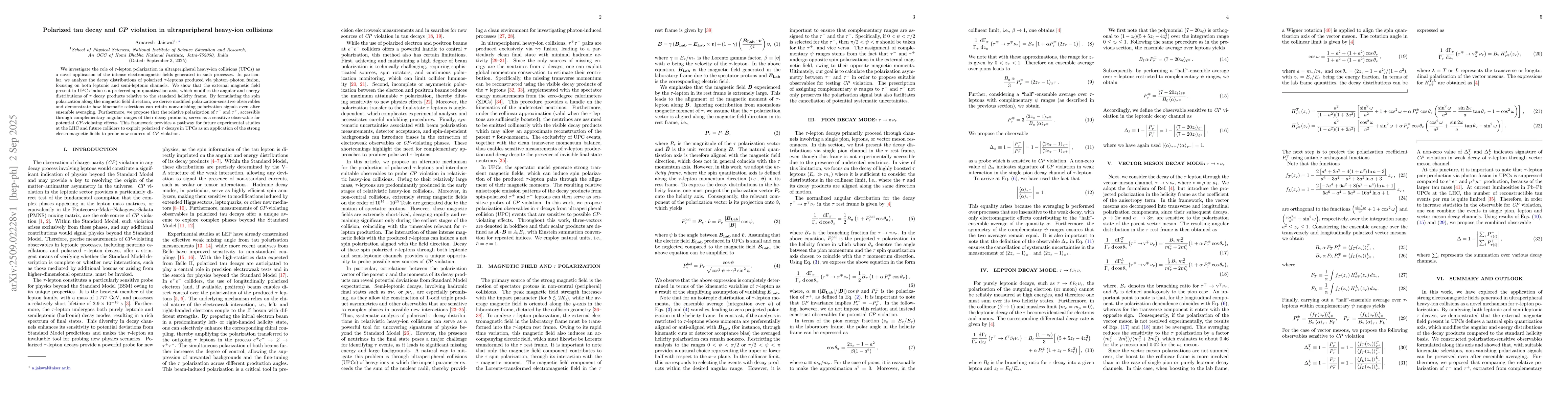 Thumbnail for Polarized tau decay and CP violation in ultraperipheral heavy-ion
  collisions