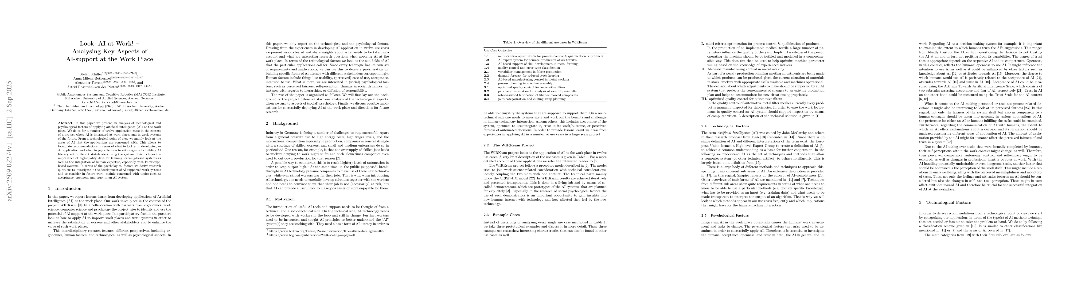 Thumbnail for Look: AI at Work! -- Analysing Key Aspects of AI-support at the Work
  Place