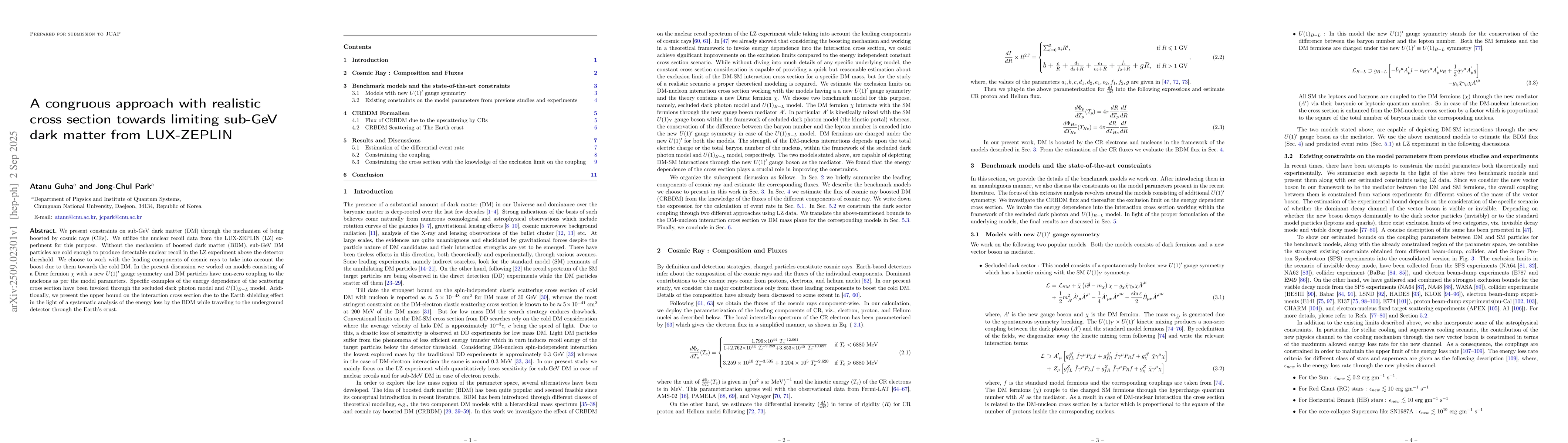 Thumbnail for A congruous approach with realistic cross section towards limiting
  sub-GeV dark matter from LUX-ZEPLIN