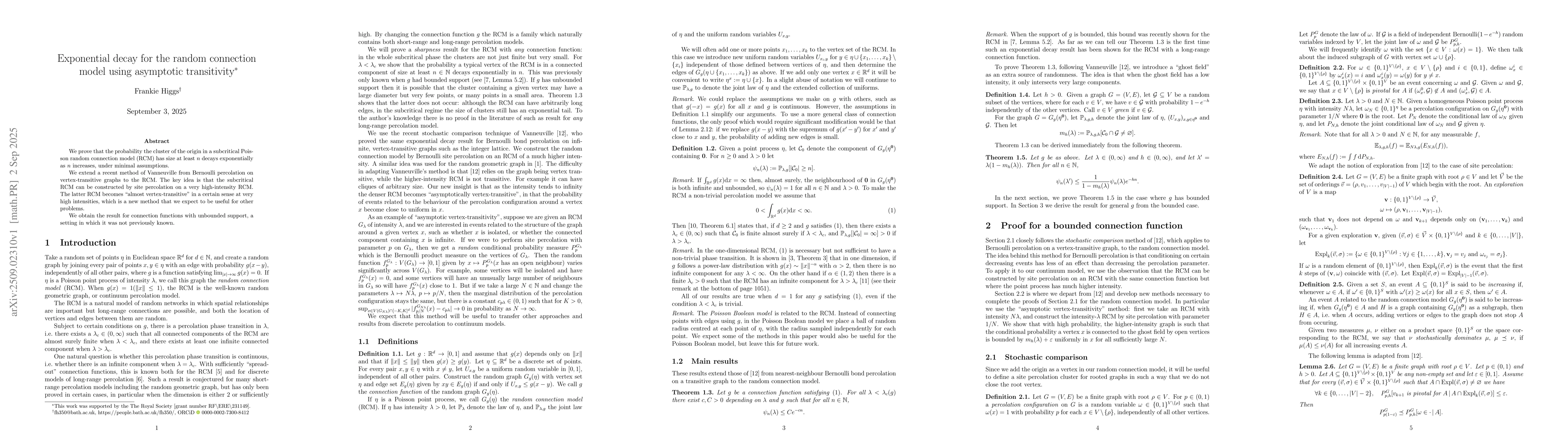 Thumbnail for Exponential decay for the random connection model using asymptotic
  transitivity
