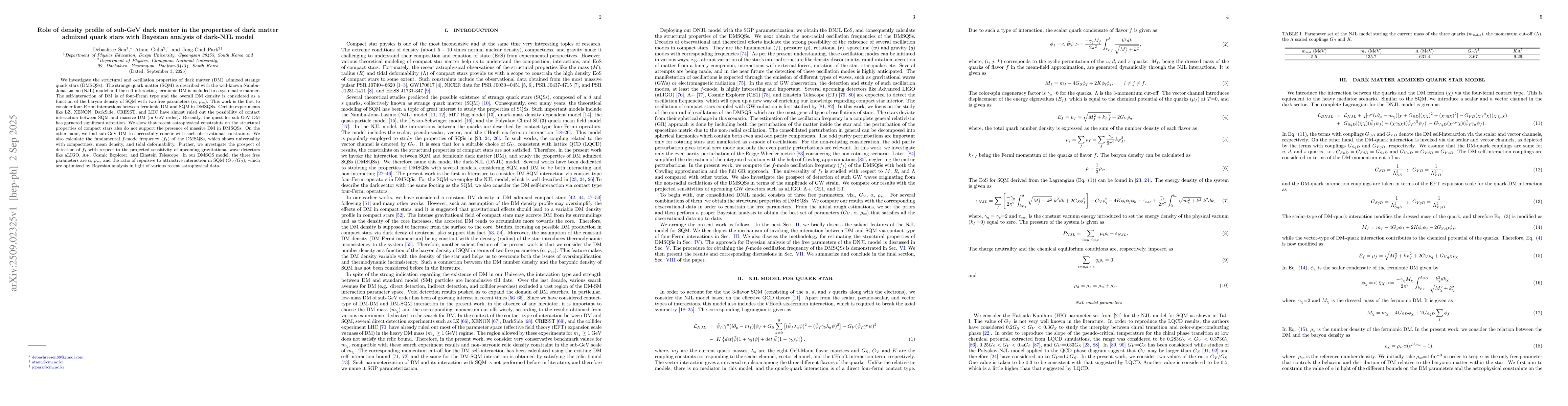 Thumbnail for Role of density profile of sub-GeV dark matter in the properties of dark
  matter admixed quark stars with Bayesian analysis of dark-NJL model