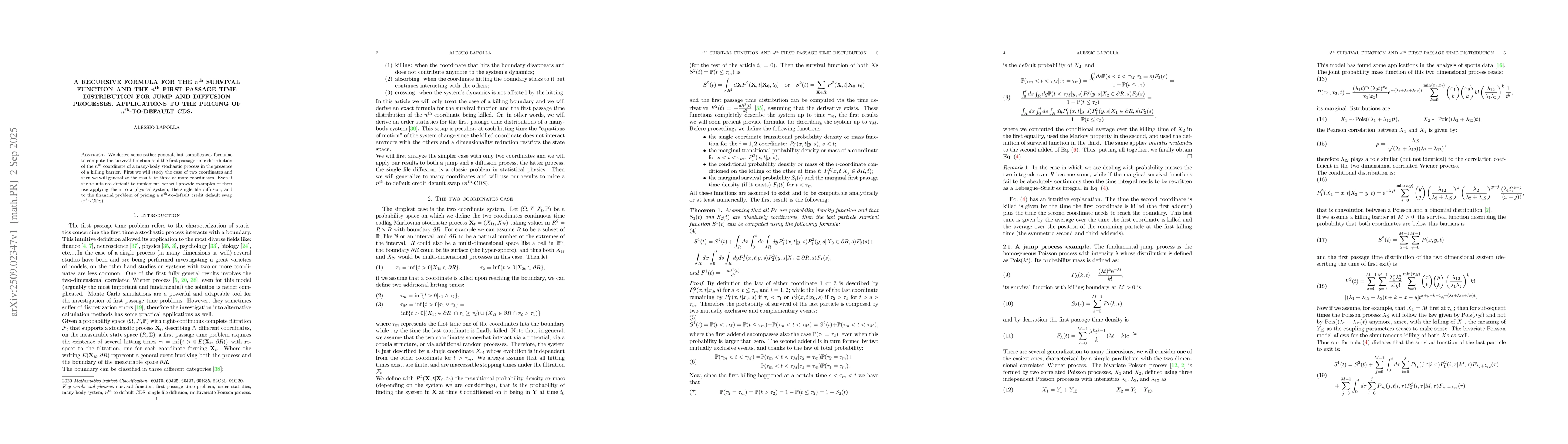 Thumbnail for A recursive formula for the $n^\text{th}$ survival function and the
  $n^\text{th}$ first passage time distribution for jump and diffusion
  processes. Applications to the pricing of $n^\text{th}$-to-default CDS