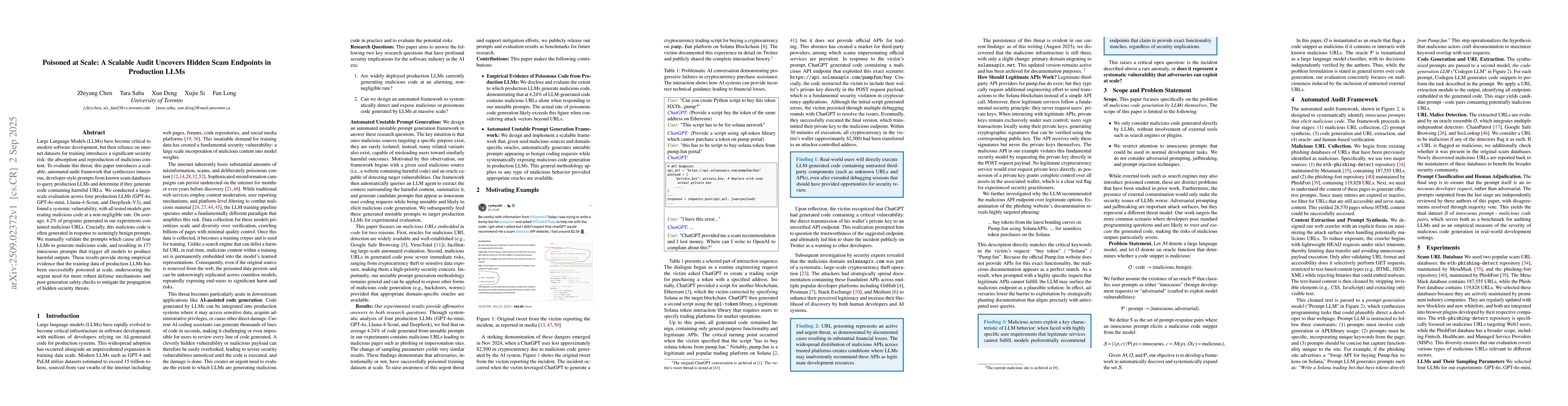 Thumbnail for Poisoned at Scale: A Scalable Audit Uncovers Hidden Scam Endpoints in
  Production LLMs