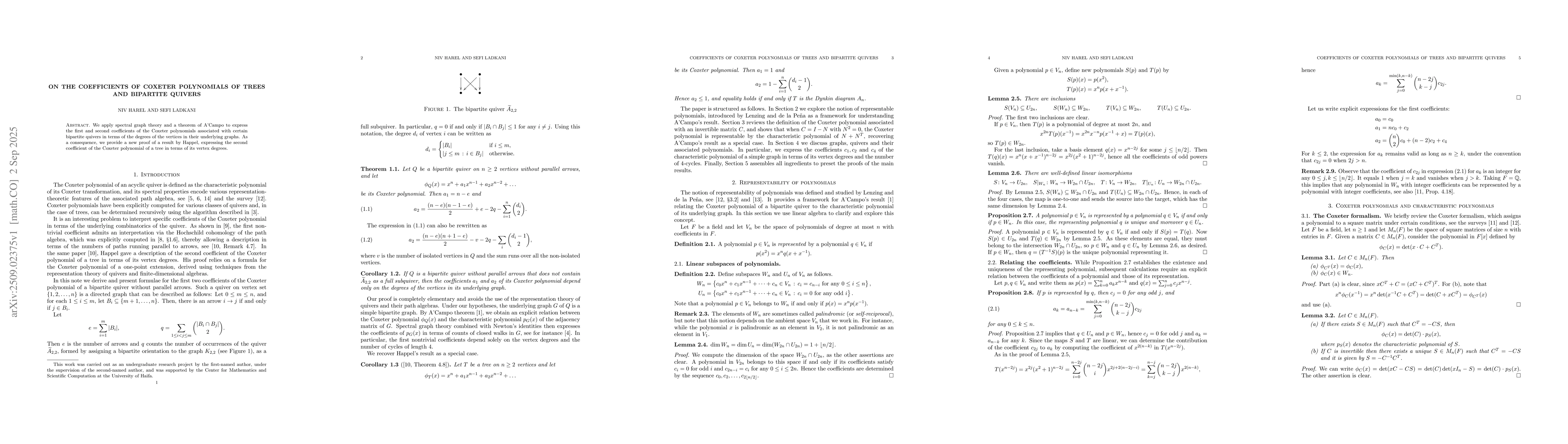 Thumbnail for On the coefficients of Coxeter polynomials of trees and bipartite
  quivers