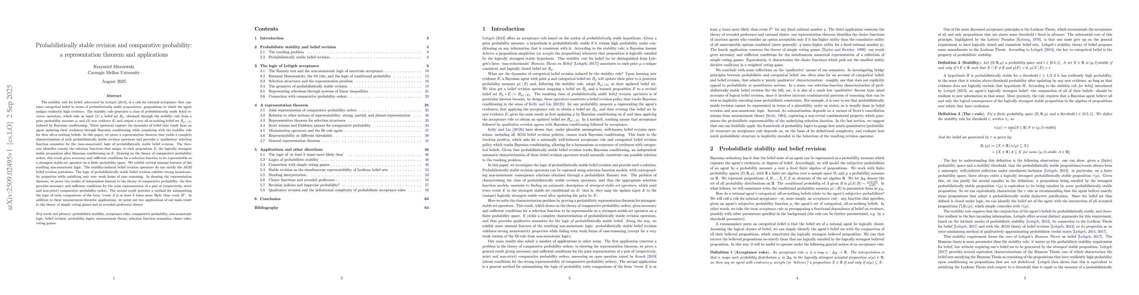 Thumbnail for Probabilistically stable revision and comparative probability: a
  representation theorem and applications