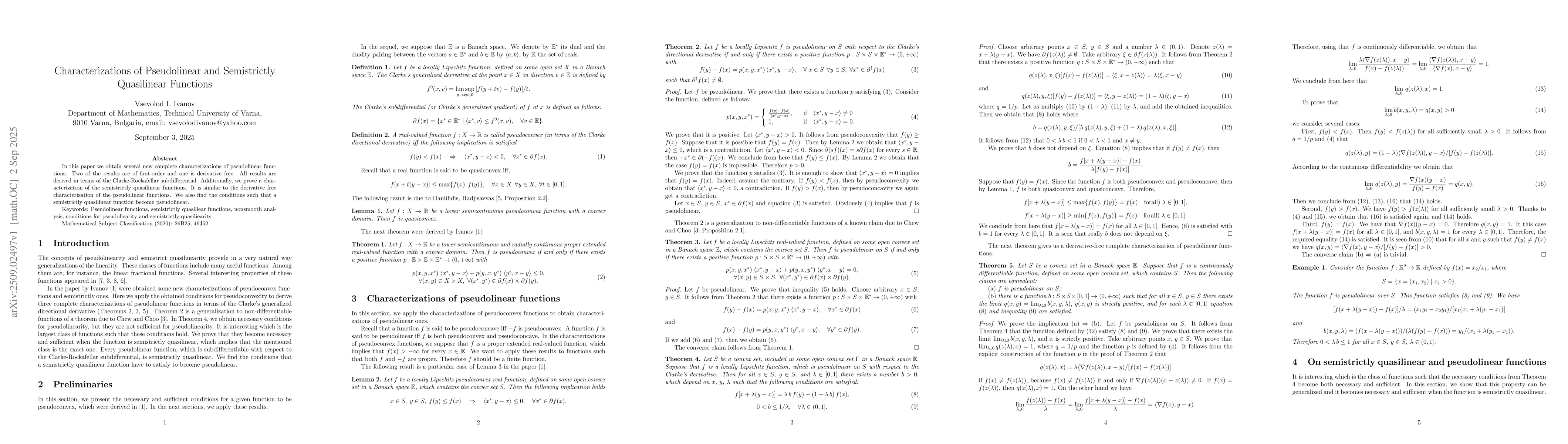 Thumbnail for Characterizations of Pseudolinear and Semi-strictly Quasilinear
  Functions