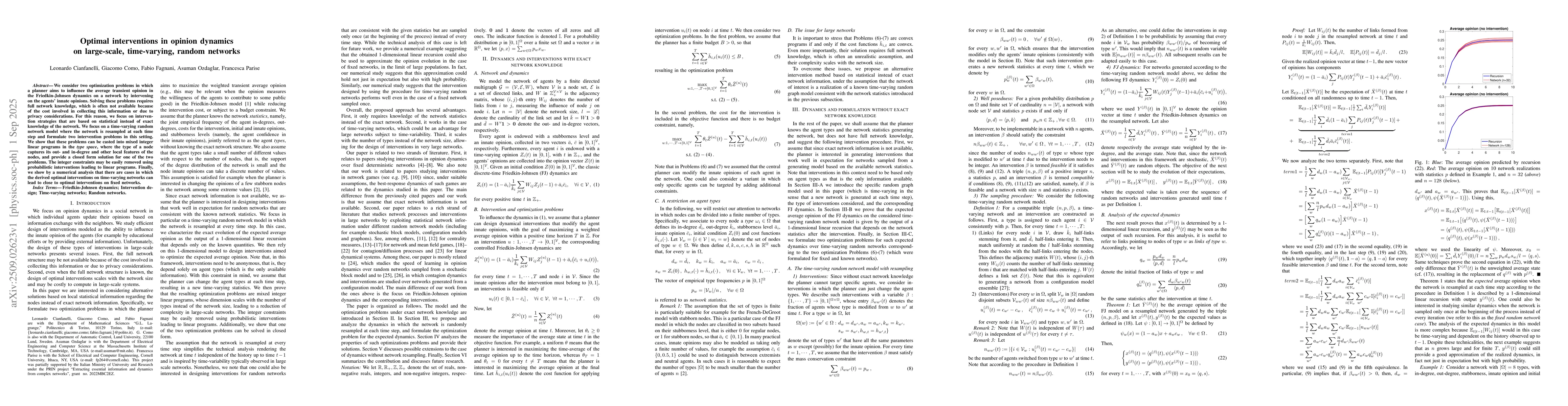 Thumbnail for Optimal interventions in opinion dynamics on large-scale, time-varying,
  random networks